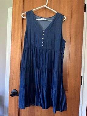Sleeveless denim Tiered V-Neck Mid length  Dress